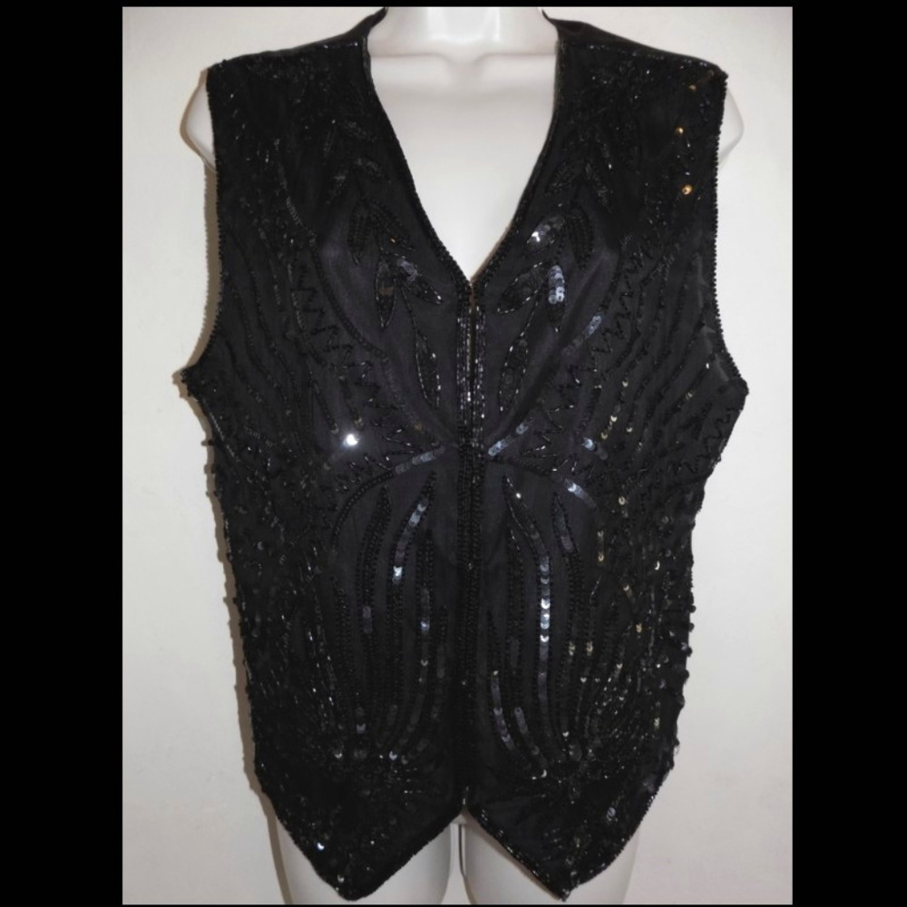 VTG Silk sequin vest S Black V-neck Back tie Tuxedo Mary McFadden Embellished